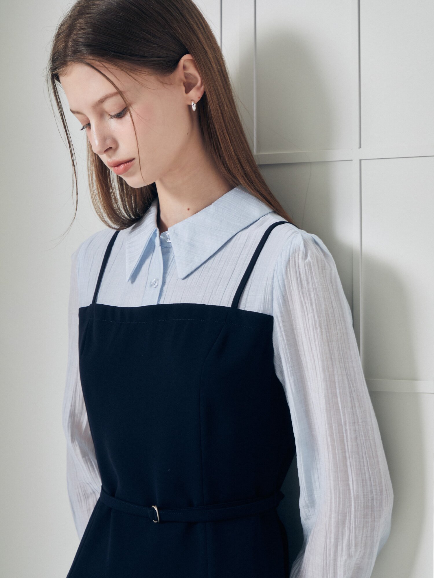 셔츠 배색 뷔스티에 플레어 원피스 (NAVY)