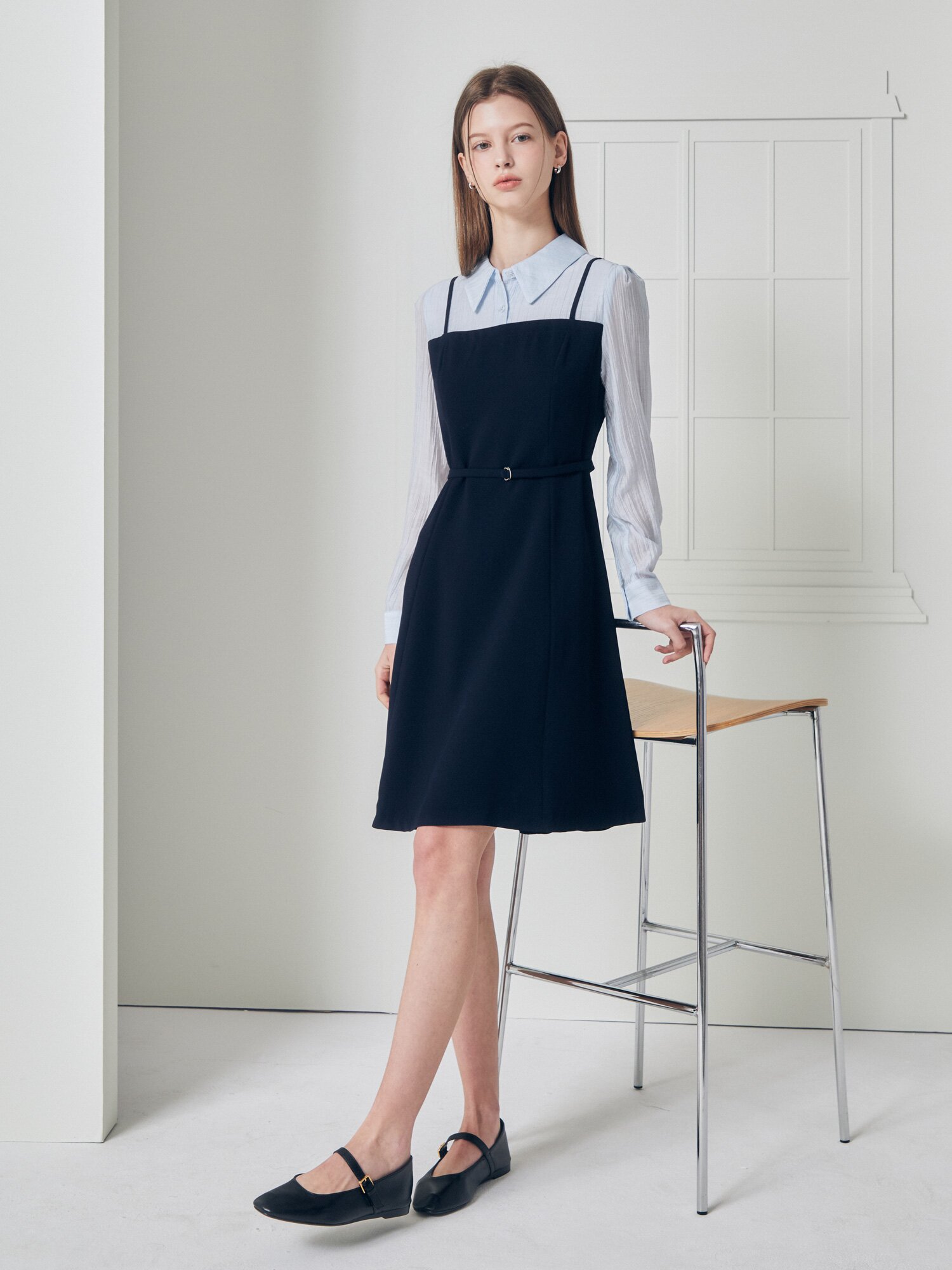 셔츠 배색 뷔스티에 플레어 원피스 (NAVY)