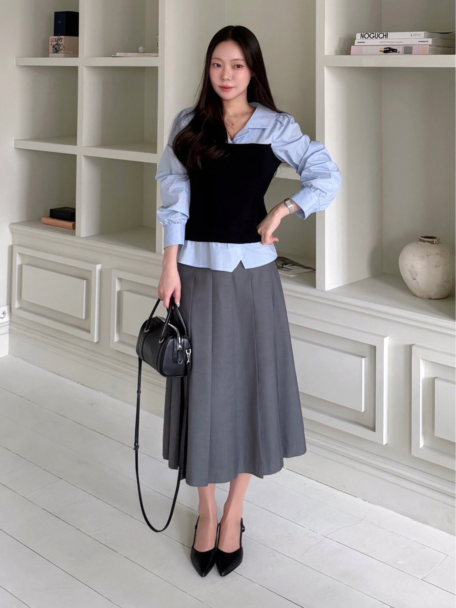 클래식 벨티드 플리츠 스커트 (GREY)