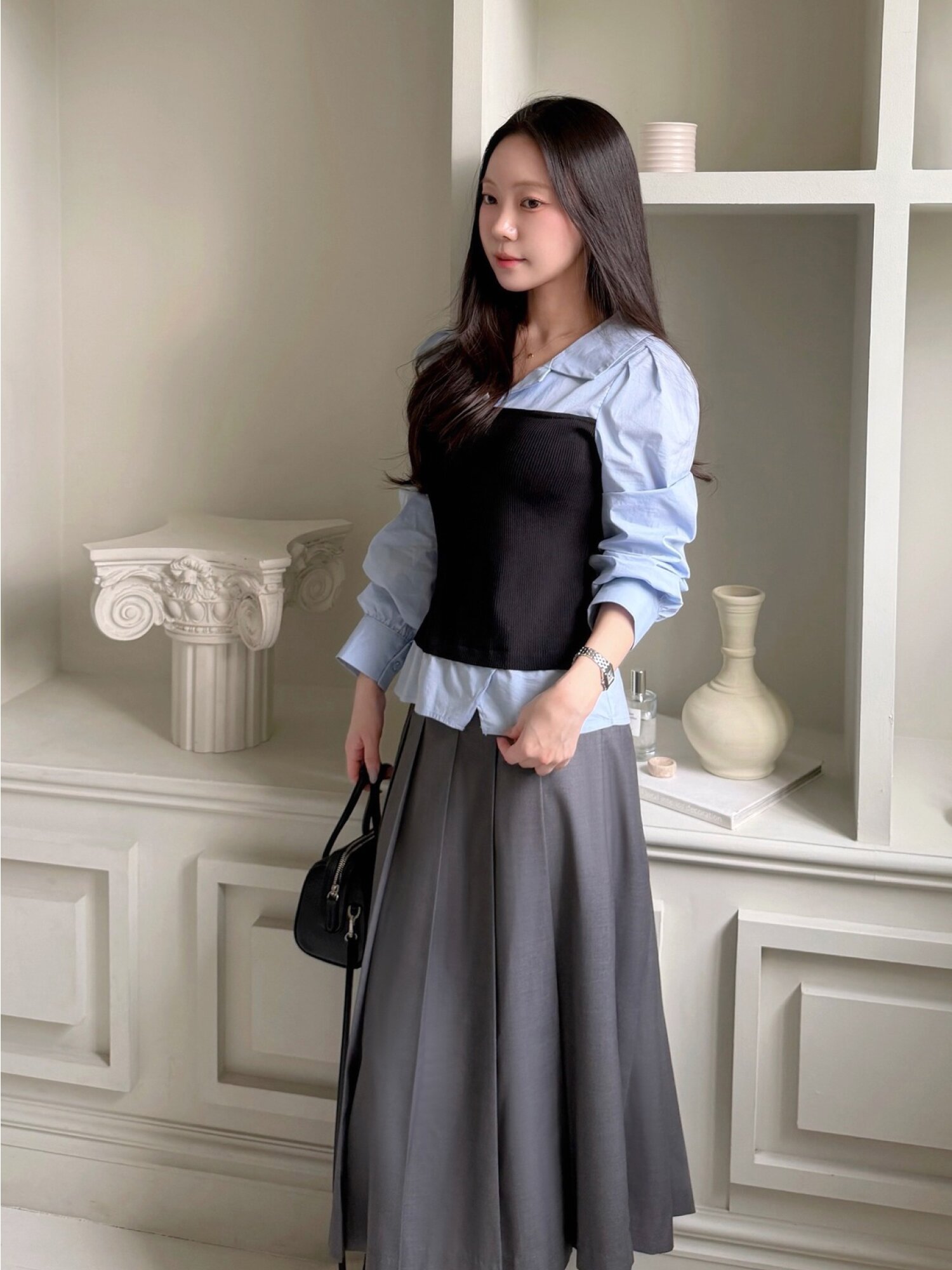 클래식 벨티드 플리츠 스커트 (GREY)