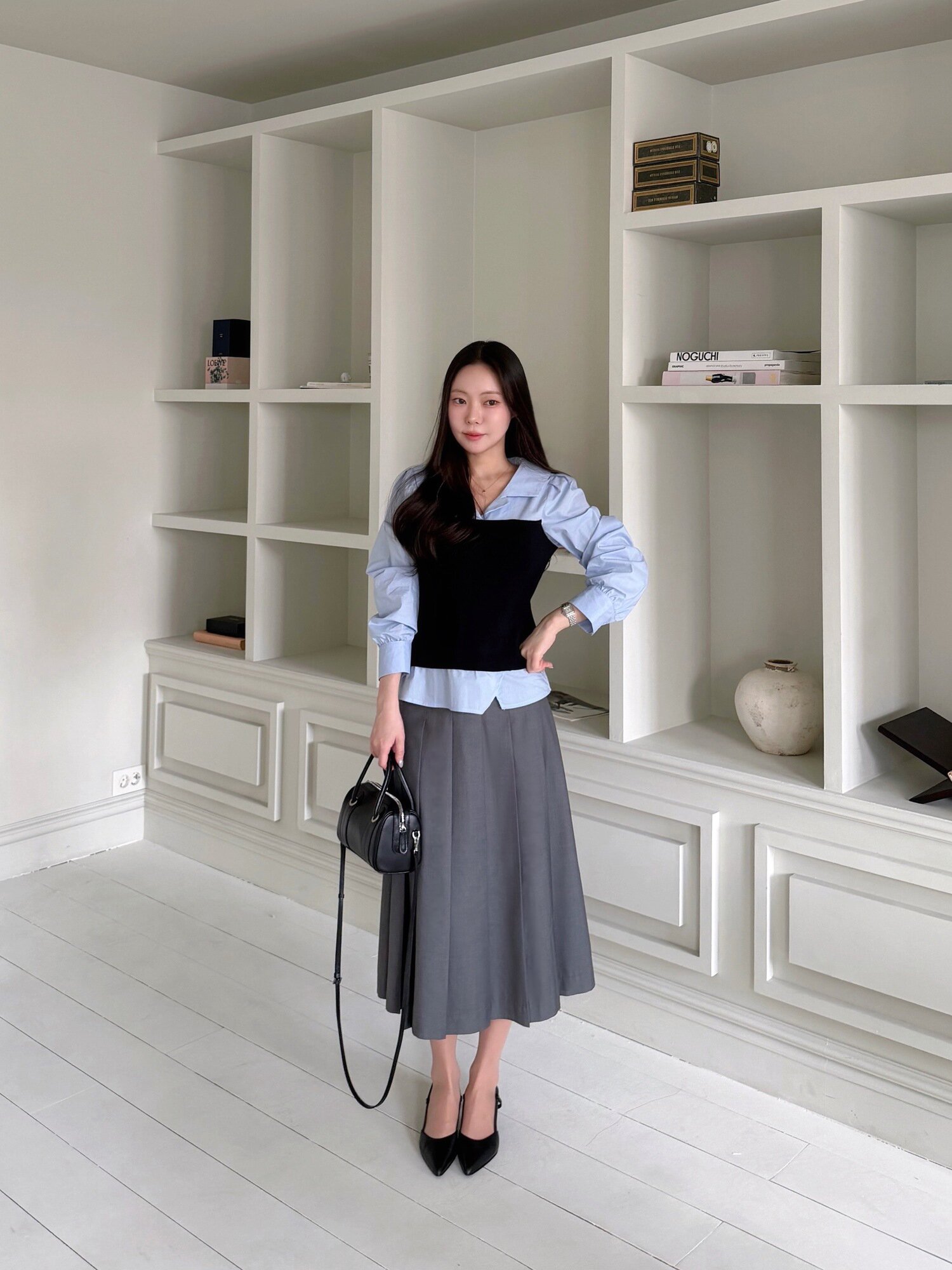 클래식 벨티드 플리츠 스커트 (GREY)