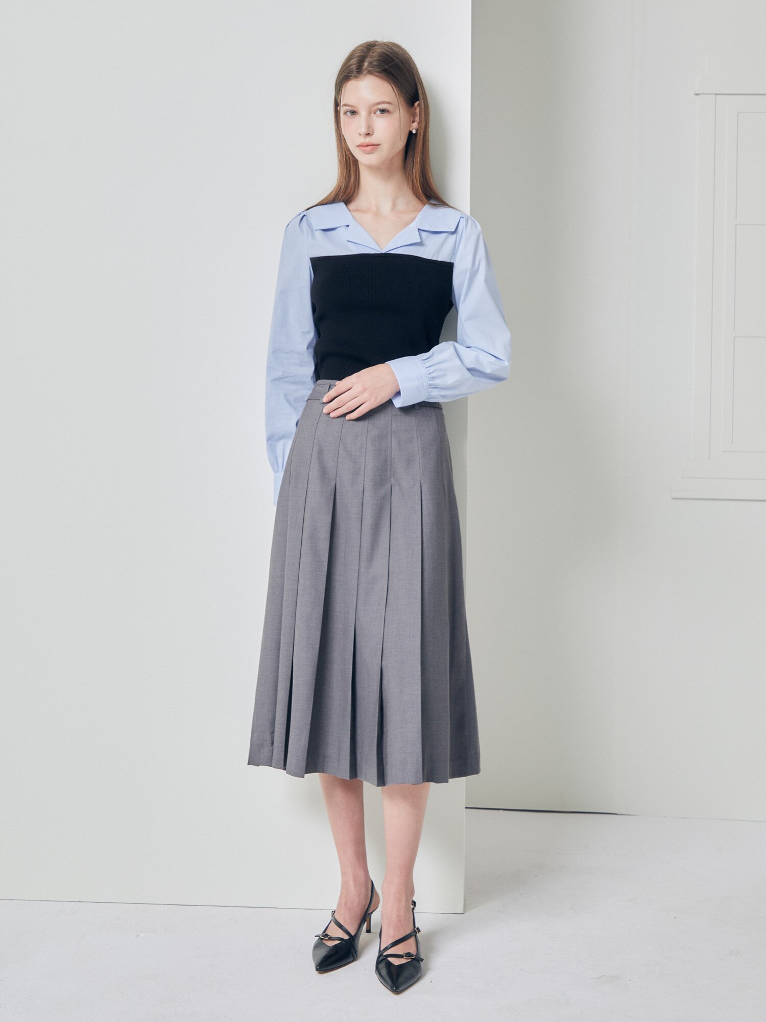 클래식 벨티드 플리츠 스커트 (GREY)