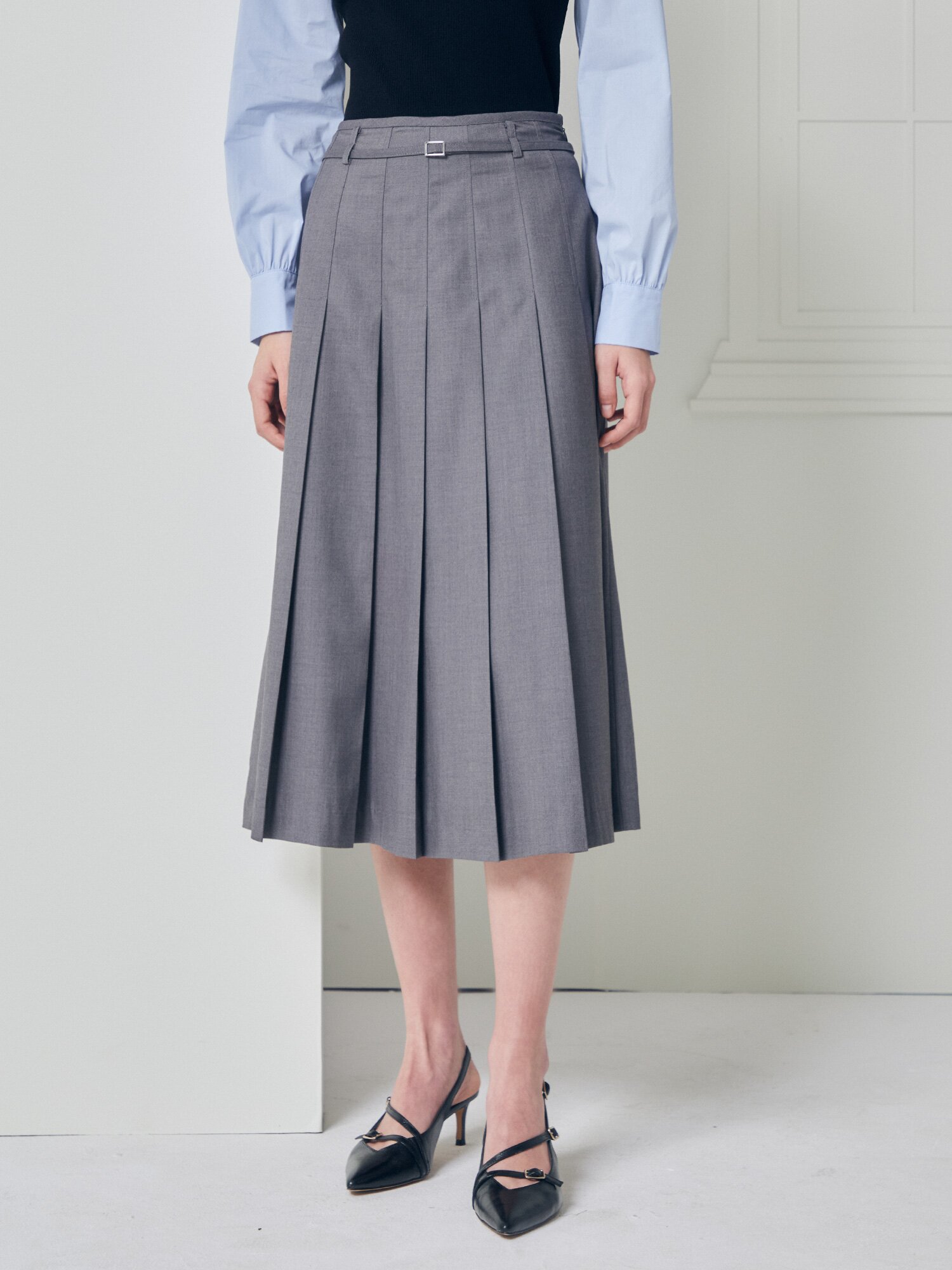 클래식 벨티드 플리츠 스커트 (GREY)