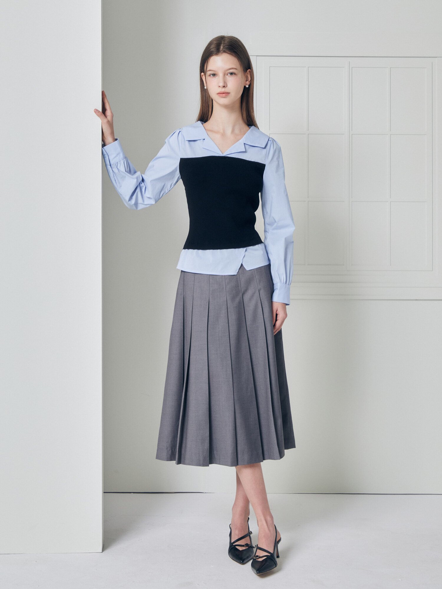 클래식 벨티드 플리츠 스커트 (GREY)