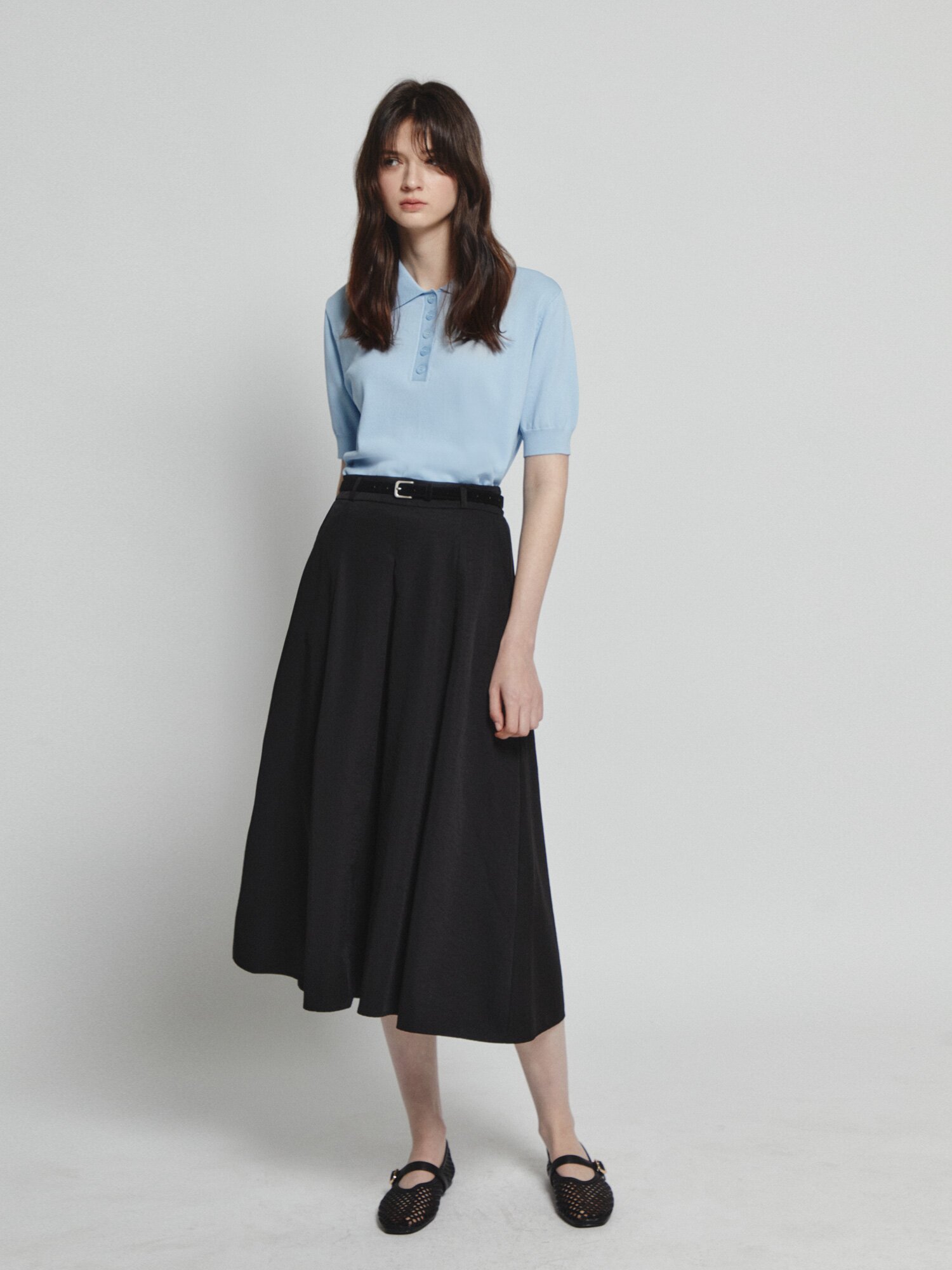 벨티드 백 밴딩 플레어 스커트 (BLACK)