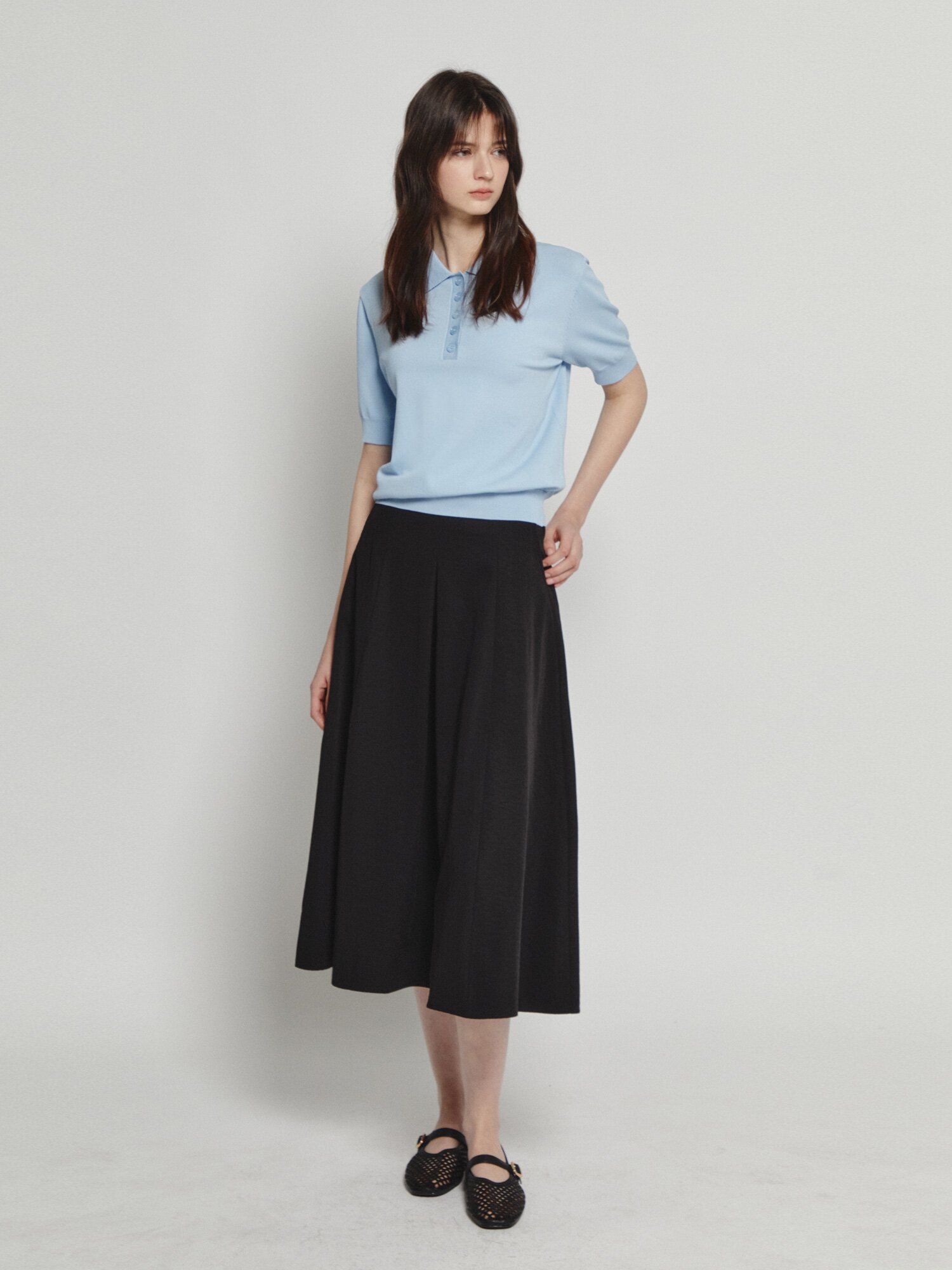 벨티드 백 밴딩 플레어 스커트 (BLACK)