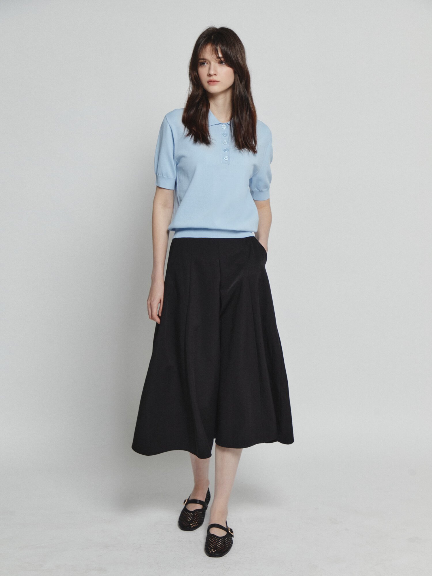 벨티드 백 밴딩 플레어 스커트 (BLACK)