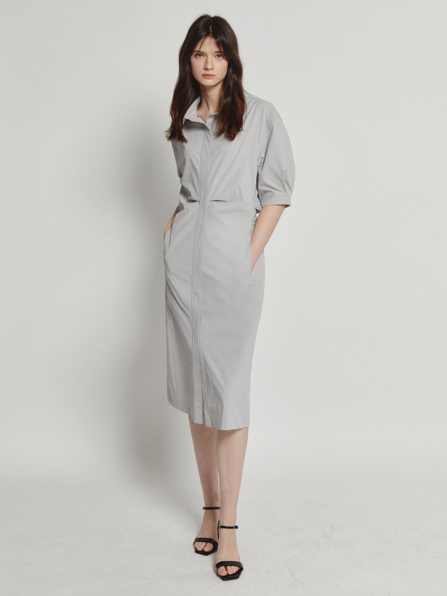 백 트위스트 H라인 셔츠 원피스 (LIGHT GREY)