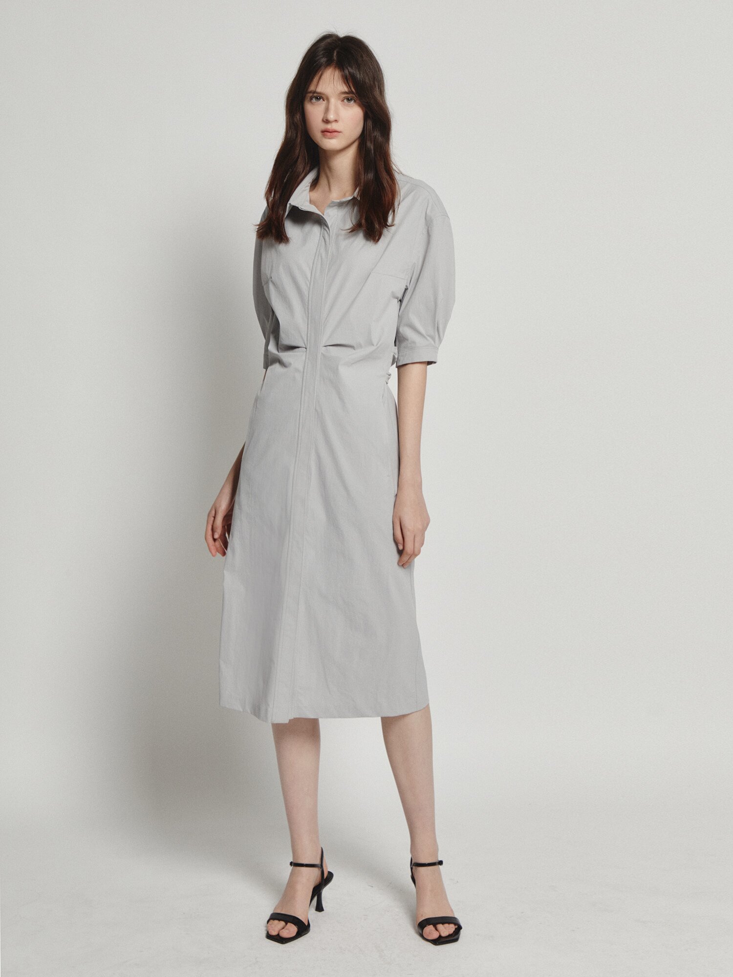 백 트위스트 H라인 셔츠 원피스 (LIGHT GREY)