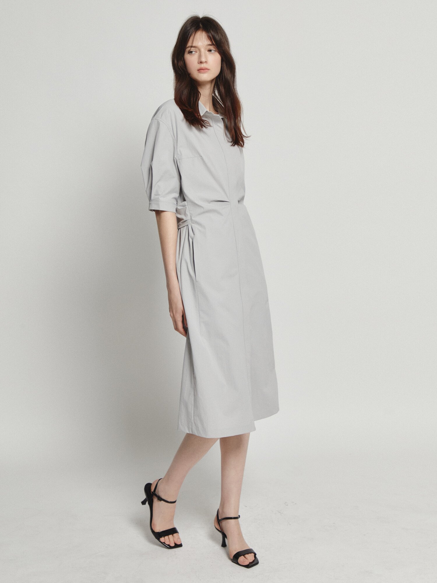 백 트위스트 H라인 셔츠 원피스 (LIGHT GREY)