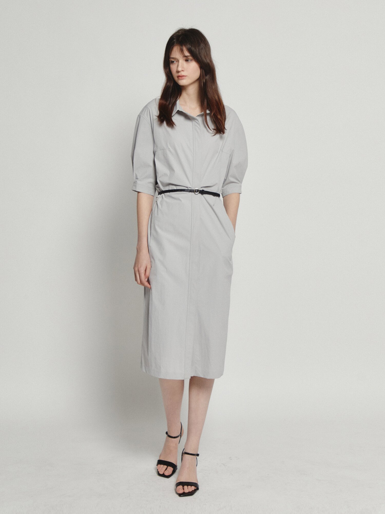 백 트위스트 H라인 셔츠 원피스 (LIGHT GREY)