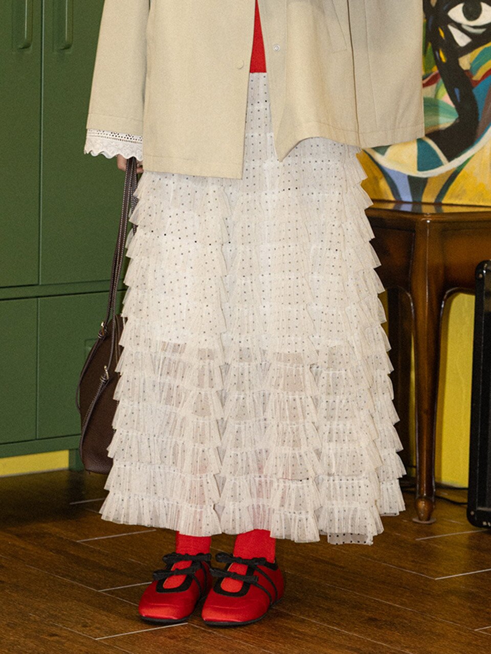 DD_Tiered polka dot mesh skirt_IVORY
