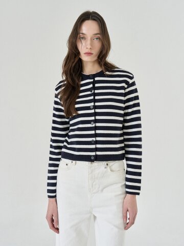 Boucle Stripe Round Cardigan (Navy)