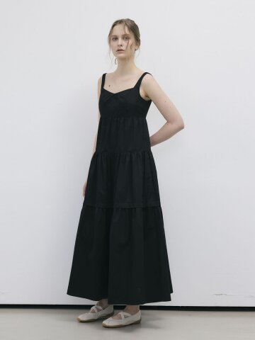COTTON FLOUNCE SLEEVELESS MAXI DRESS - BLACK