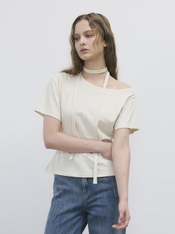 TIE STRAP ONE-SHOULDER T-SHIRT - YELLOW