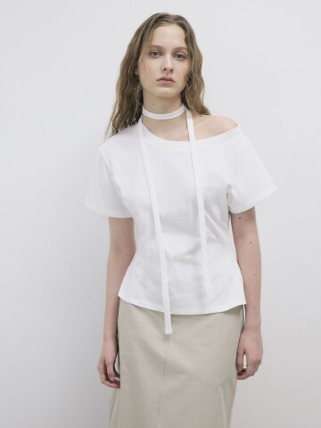 TIE STRAP ONE-SHOULDER T-SHIRT - WHITE
