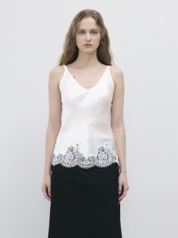 LACE BLOCK SILK SLEEVELESS TOP - WHITE