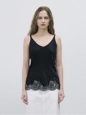 LACE BLOCK SILK SLEEVELESS TOP - BLACK