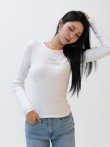 슬림핏 핫픽스 레터링 긴팔 티셔츠 _Dare to Shine [화이트]