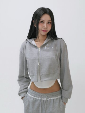 슬림핏 핫픽스 레터링 크롭 후드집업_Dare to Shine [그레이]