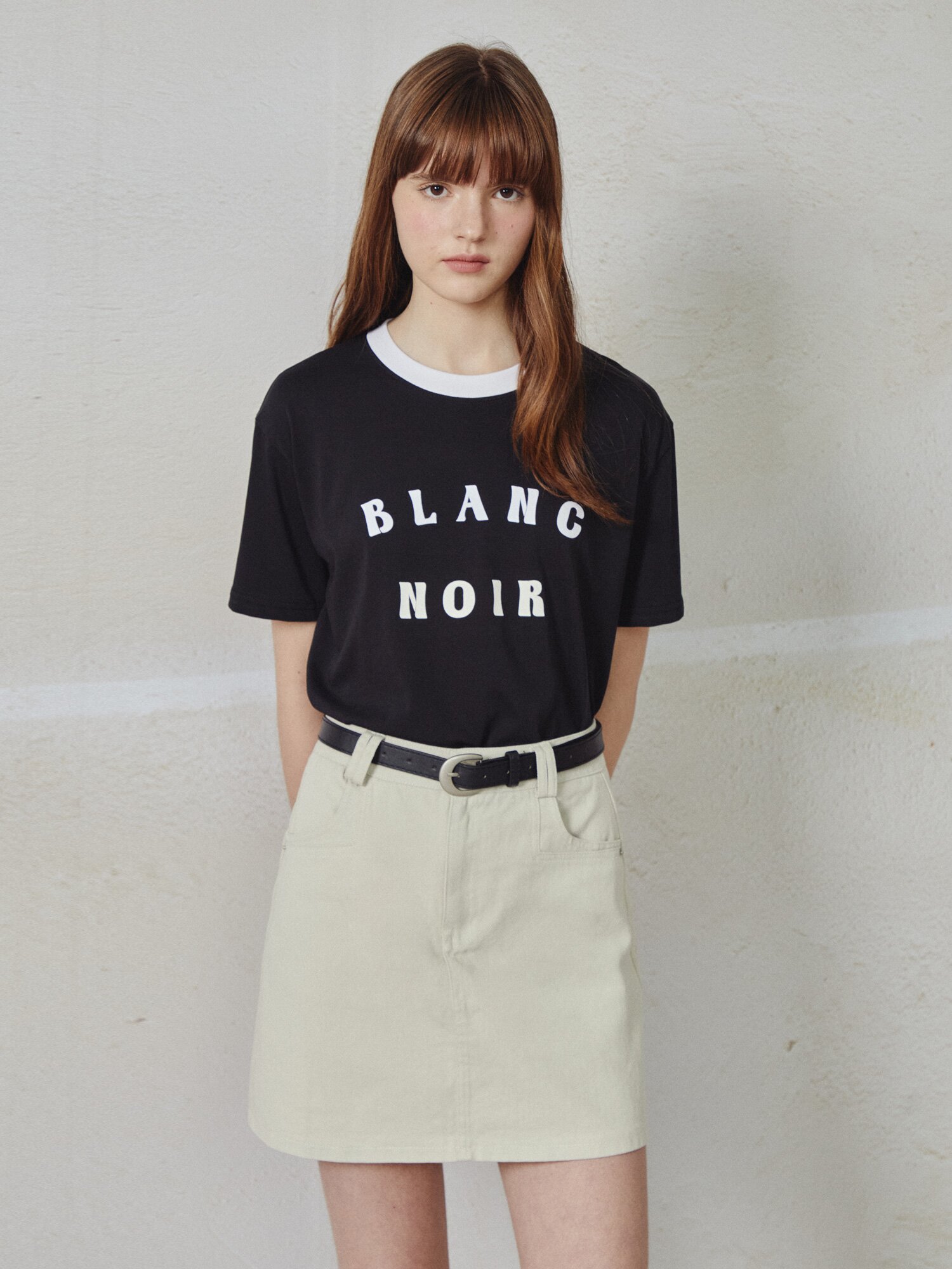레터링 배색 링거 티셔츠 (BLACK)