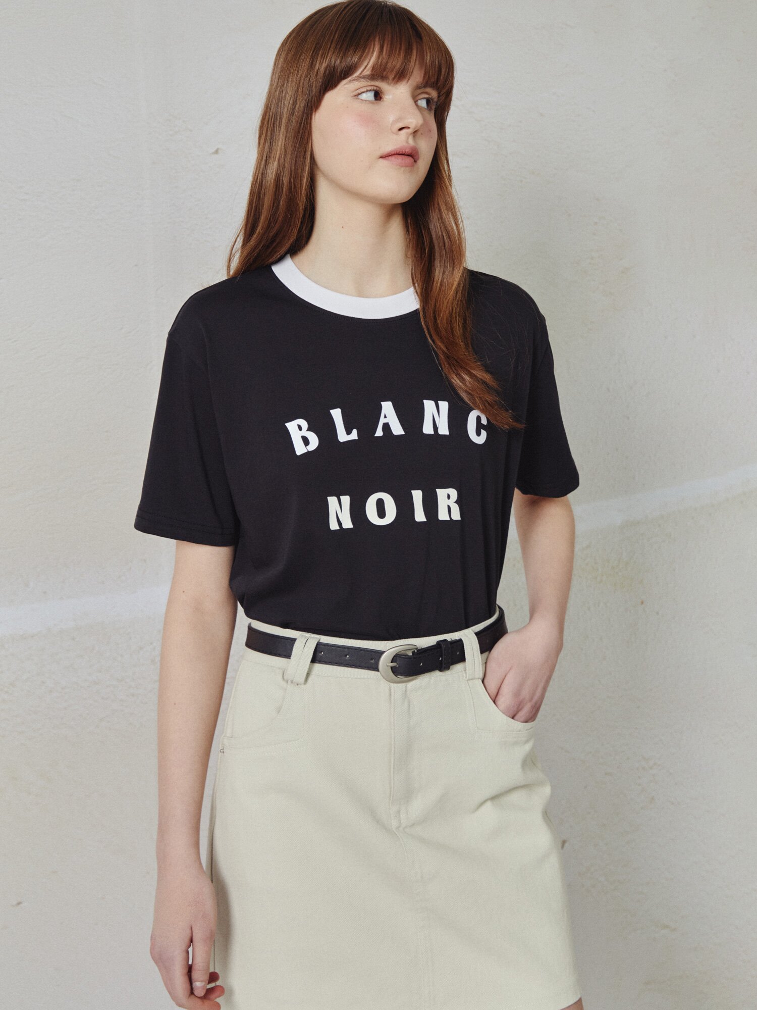 레터링 배색 링거 티셔츠 (BLACK)