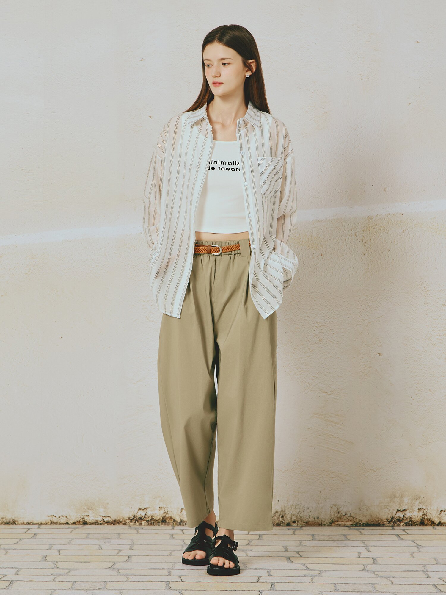 배기핏 벨티드 슬랙스 팬츠 (KHAKI)