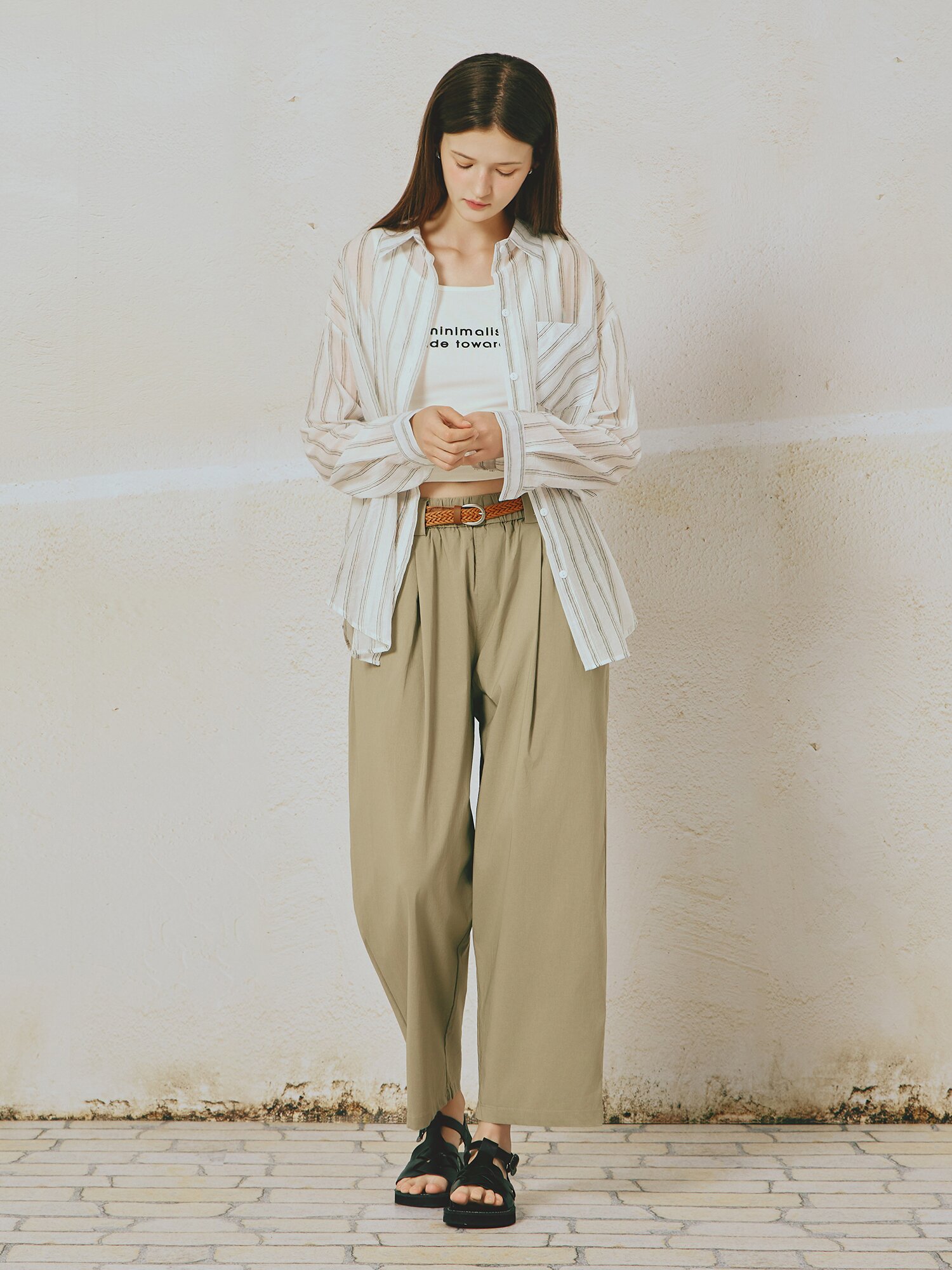 배기핏 벨티드 슬랙스 팬츠 (KHAKI)