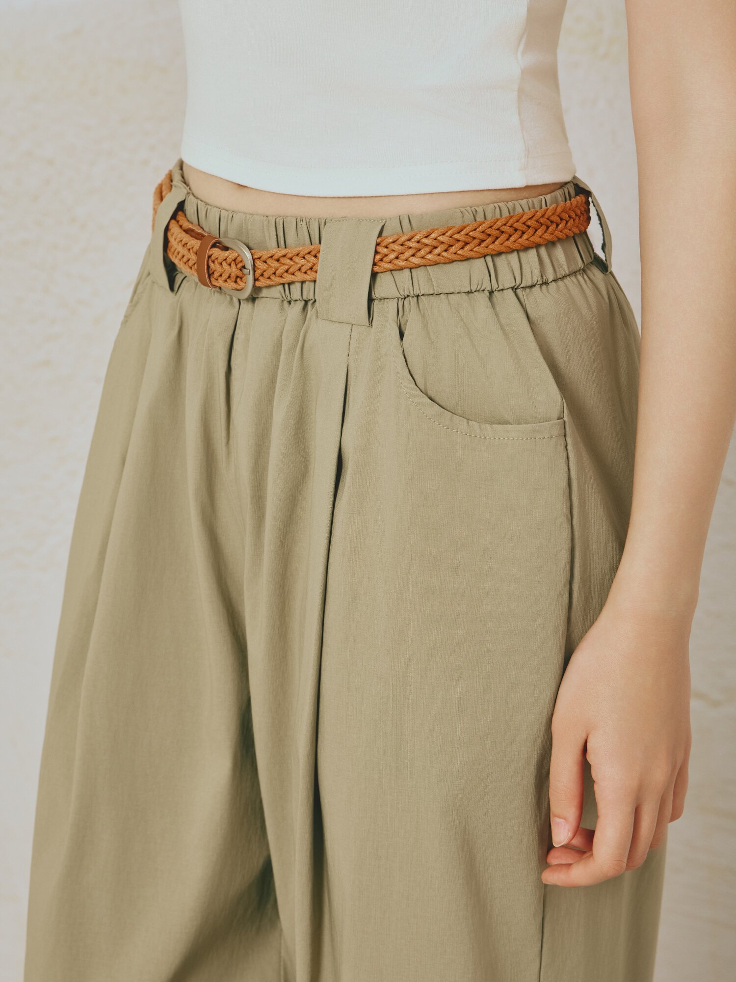 배기핏 벨티드 슬랙스 팬츠 (KHAKI)