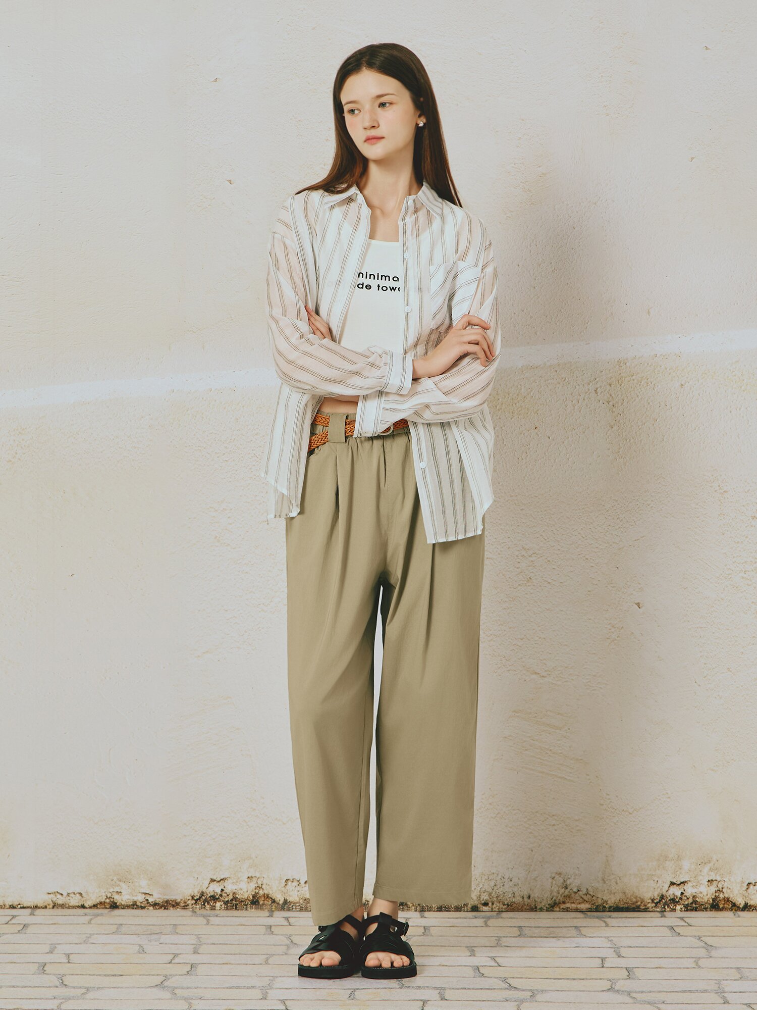 배기핏 벨티드 슬랙스 팬츠 (KHAKI)