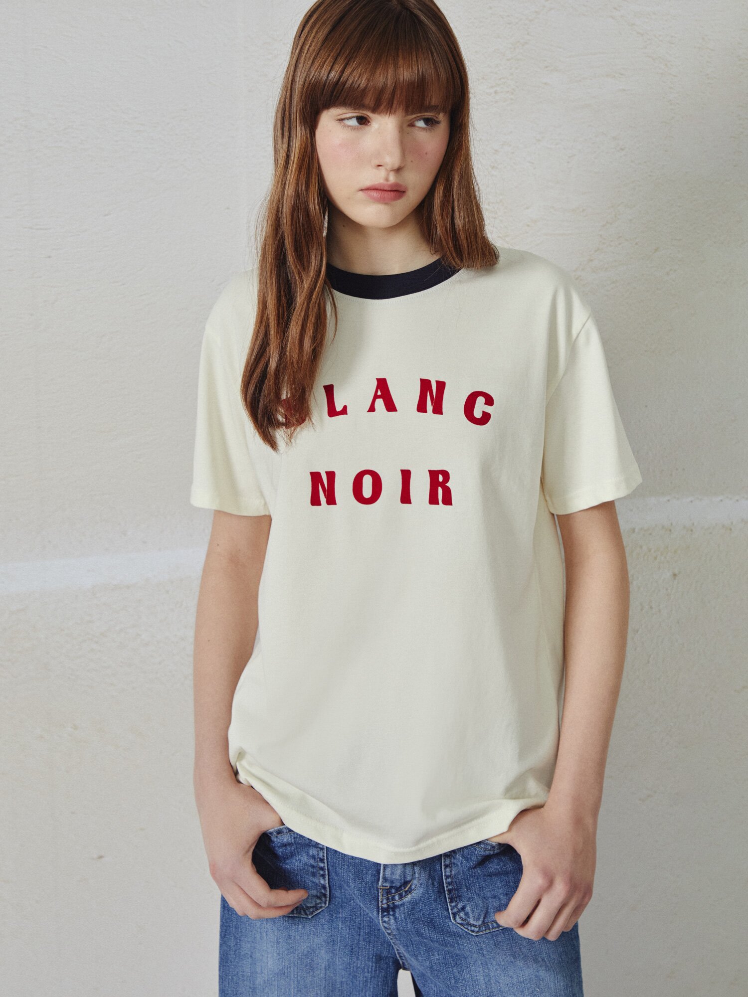 레터링 배색 링거 티셔츠 (CREAM)