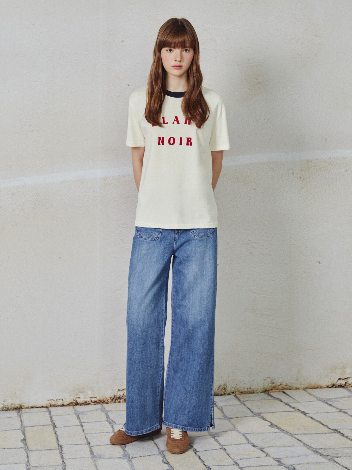 레터링 배색 링거 티셔츠 (CREAM)