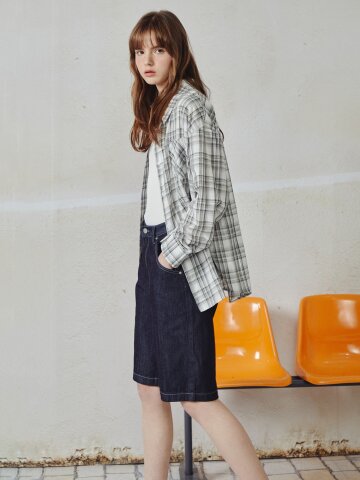 체크 오버핏 셔츠 칼라 블라우스 