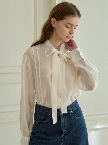 RIBBON TIE BLOUSE_CREAM