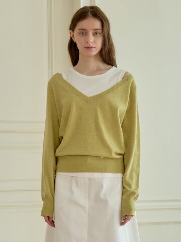 DEEP V-NECK SLEEVELESS KNIT SET_OLIVE