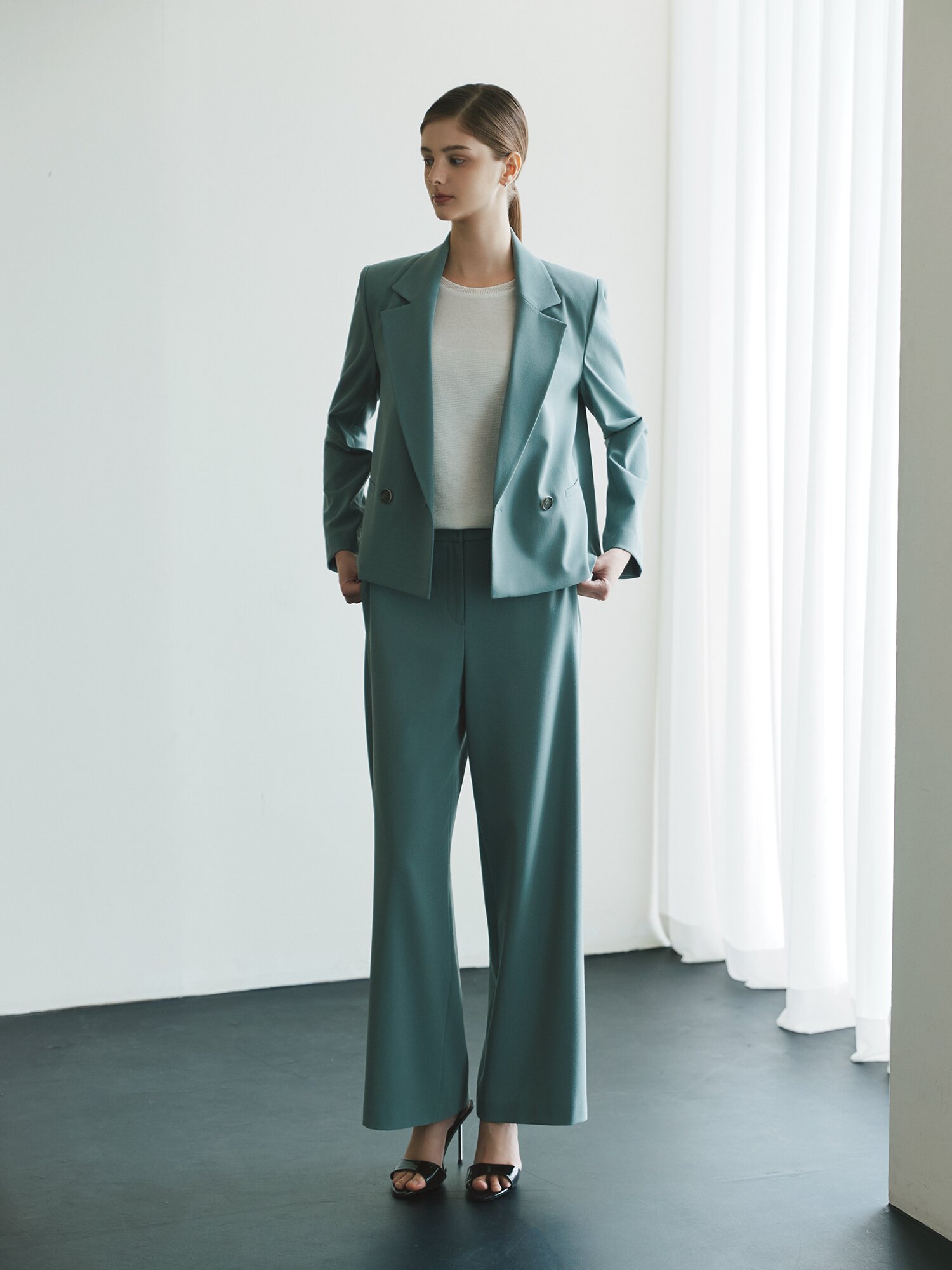 히든 버튼 노턱 와이드 팬츠 (MINT)