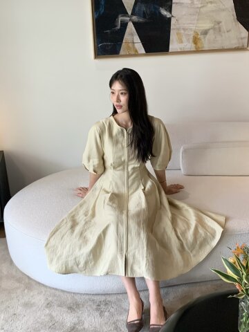 린넨 볼륨 슬리브 플레어 원피스 