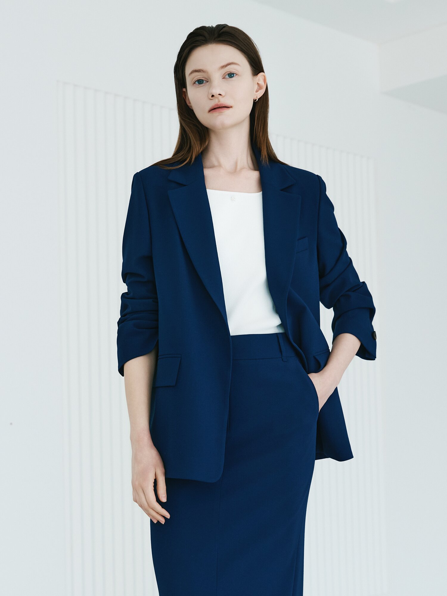 루즈핏 백 슬릿 오픈 재킷 (DARK BLUE)