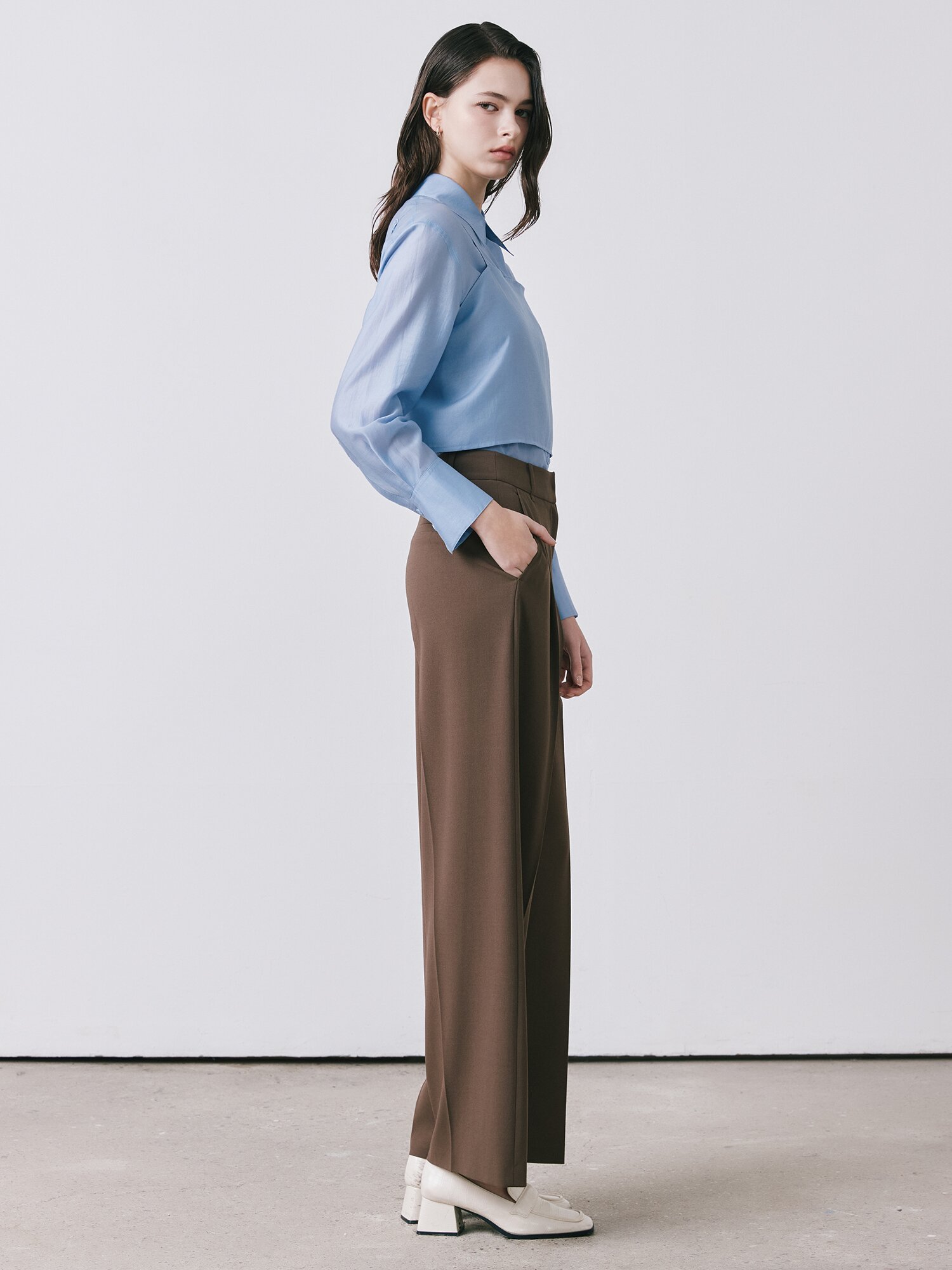 히든 버튼 원턱 와이드 팬츠 (BROWN)