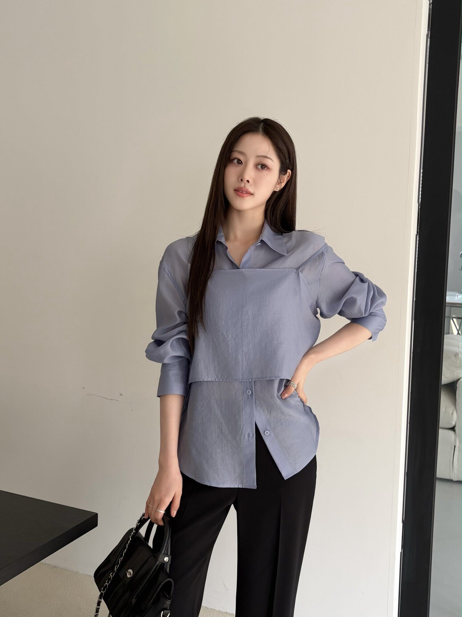 시스루 블라우스 +뷔스티에 세트 (BLUE)