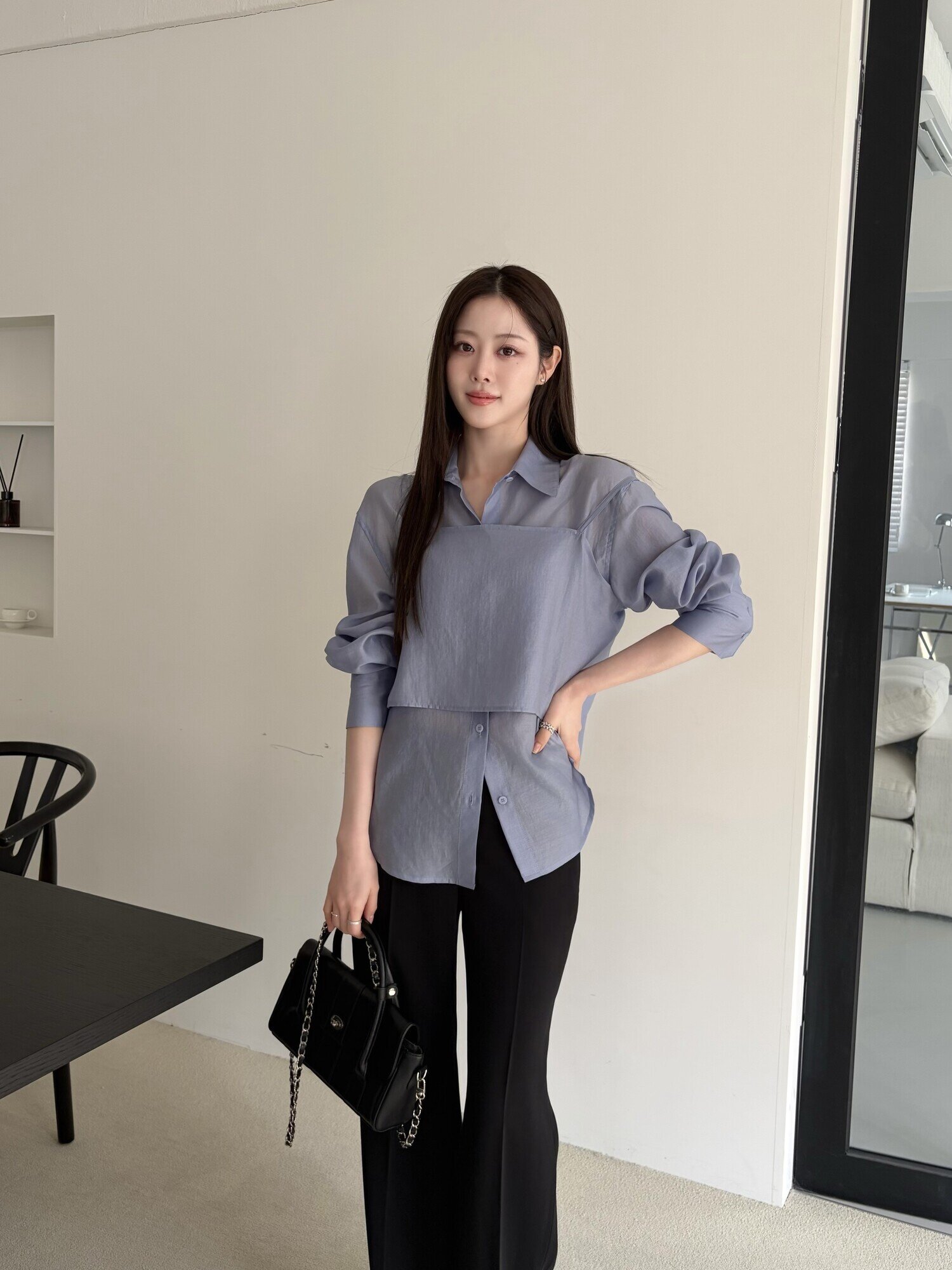 시스루 블라우스 +뷔스티에 세트 (BLUE)