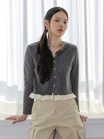 LS_Dot frill hem layered cardigan_CHARCOAL