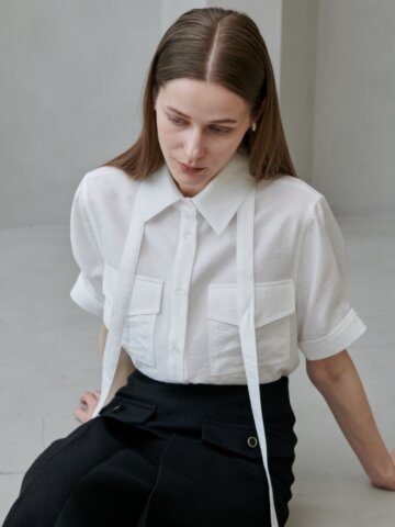 포켓 타이 셔츠 블라우스_아이보리