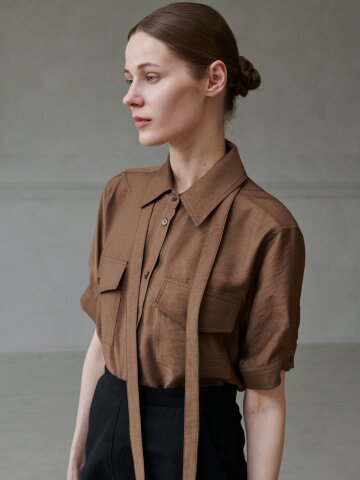 포켓 타이 셔츠 블라우스_브라운
