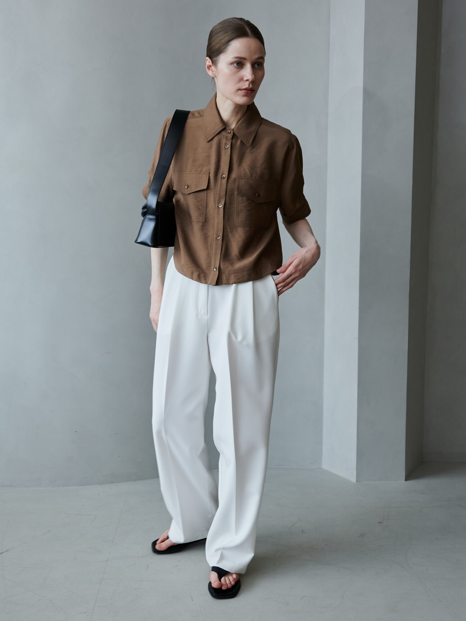 포켓 타이 셔츠 블라우스_브라운