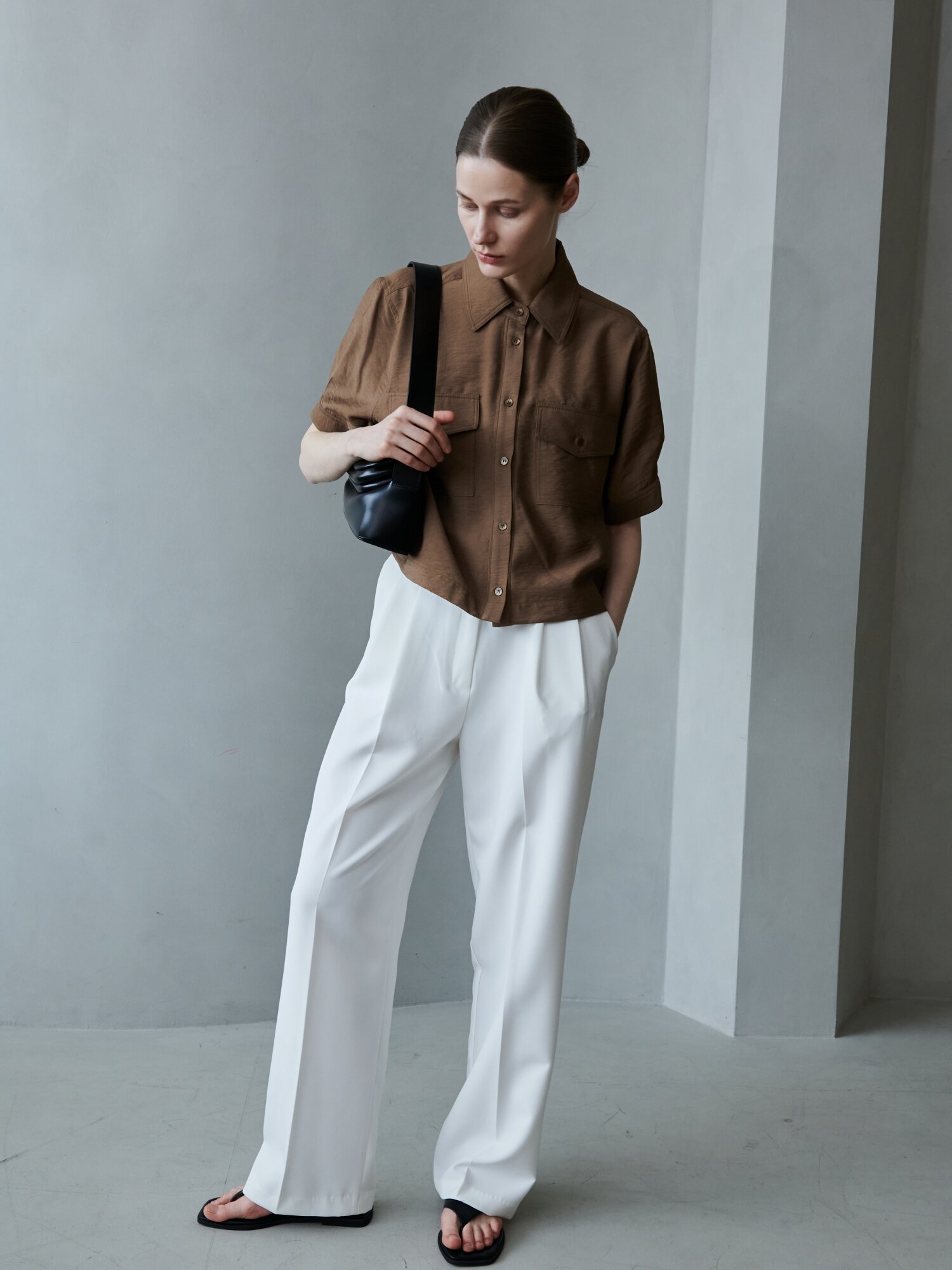 포켓 타이 셔츠 블라우스_브라운