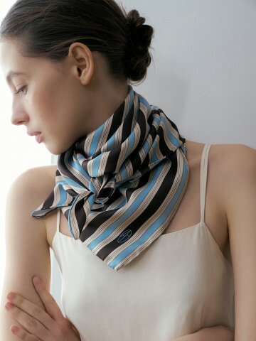 Stripe Square Silk Scarf 90 - Blue/Brown