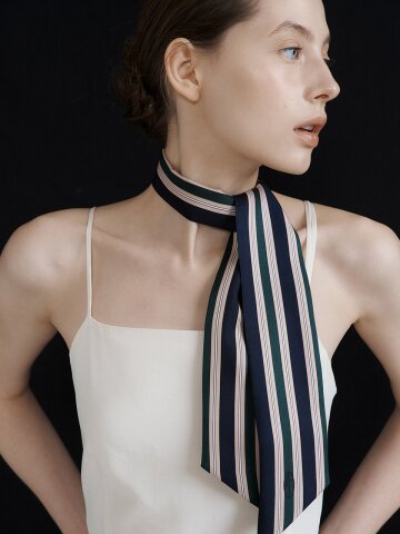 Stripe Long Twilly Silk Scarf - Navy/Green