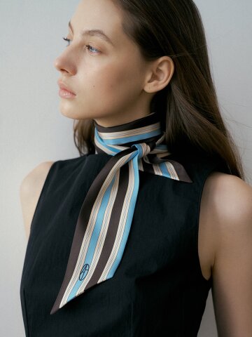 Stripe Long Twilly Silk Scarf - Blue/Brown