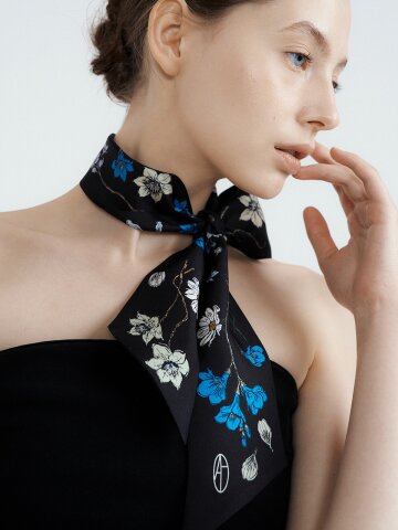 Atelier Bloom Long Twilly Silk Scarf - Black/Blue